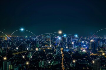 The city comes alive at night, showcasing a stunning skyline filled with illuminated buildings. Advanced wireless networks weave connections, highlighting the interplay of technology and urban energy.