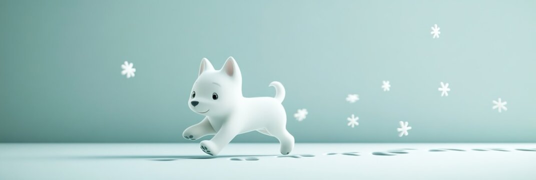 Abstract Advertising Background Featuring a 3D Render of a Playful Puppy Running in the Snow, Leaving Paw Prints, Surrounded by a Tranquil Winter Scene with a Soft Blue Sky and Simple Background, Capt