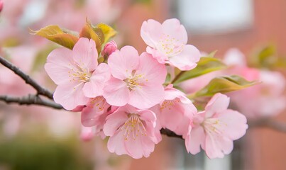 Fototapeta premium Close-up of pink cherry blossoms on a branch, Generative AI 