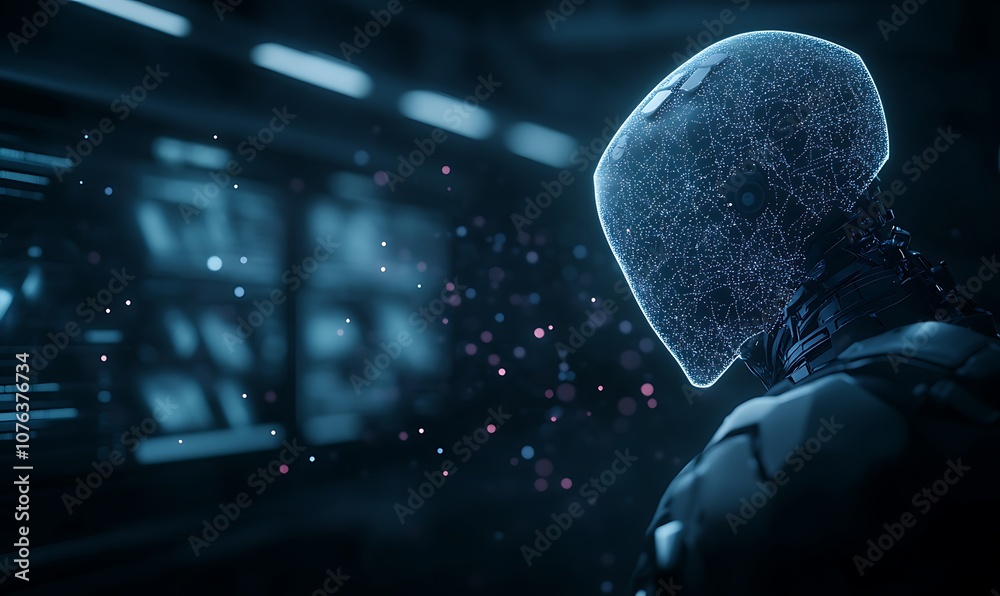 Poster a futuristic figure with a glowing, digital helmet stands in a high-tech environment, surrounded by 