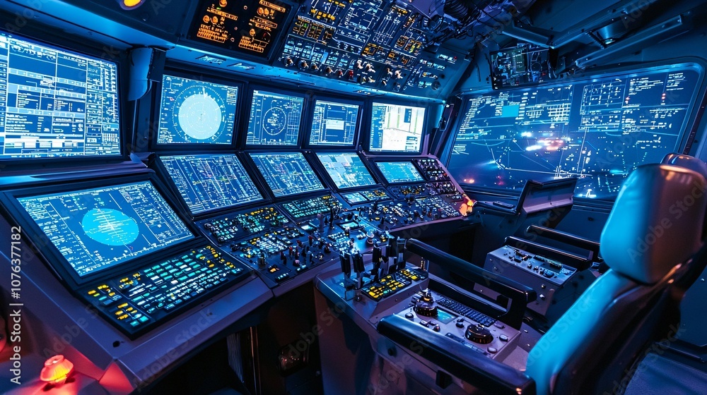 Poster explore the advanced features of a state-of-the-art flight control center in aviation technology