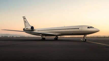 Fototapeta premium Commercial airplane parked on the runway at sunset amidst a tranquil sky