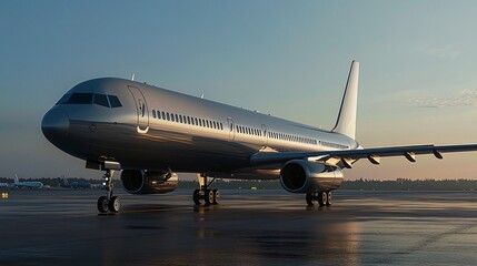 Obraz premium A commercial airplane stands ready on the runway highlighting modern aviation technology and design innovations