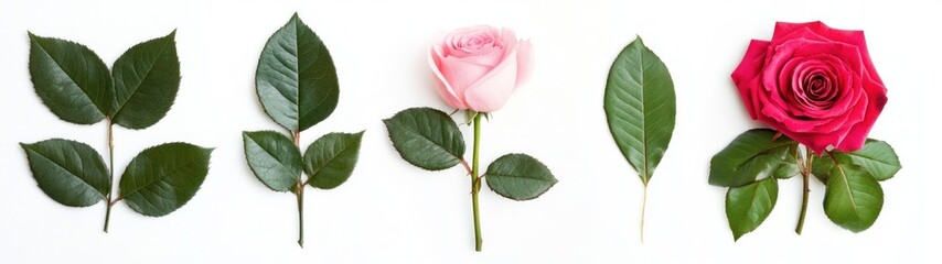 Pink and Red Roses with Green Leaves on a White Background
