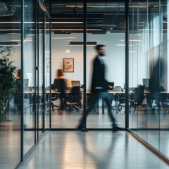 blured business people walking with fast movement in office and people meeting on table