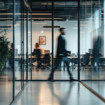 blured business people walking with fast movement in office and people meeting on table