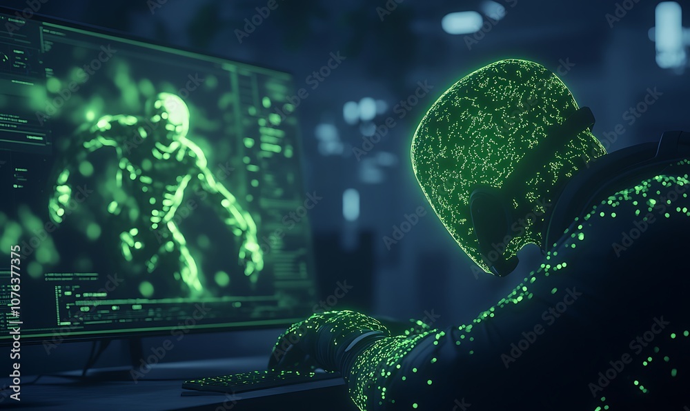Poster A digital figure composed of green particles interacts with a computer, displaying a virtual avatar in a futuristic, tech-inspired environment.