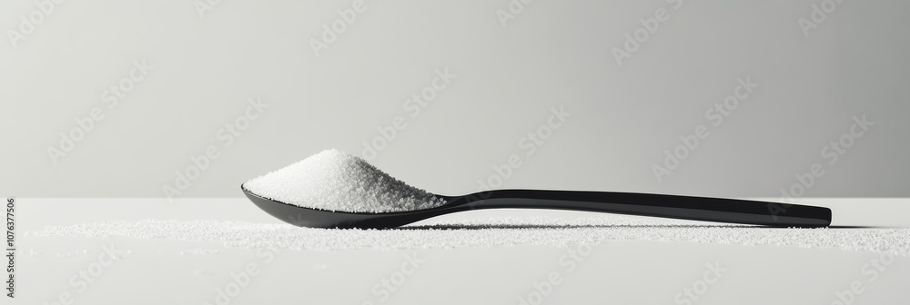 Poster black spoon with small pile of sugar granules resting on white surface represents concepts of sugar 