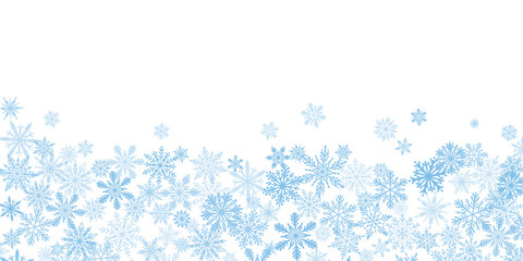 Light blue elegant snowflake banner, vector snow footer or border, greeting card or invitation frame, cute winter background design