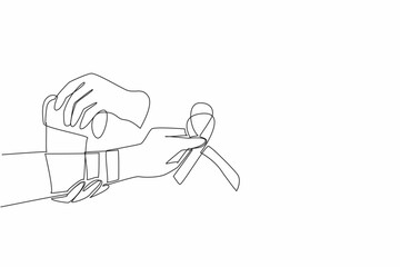Continuous one line drawing two arms are bandaging wound of other injured arm with bandage. Providing assistance to patients. Self-Injury Awareness Day. Single line draw design vector illustration