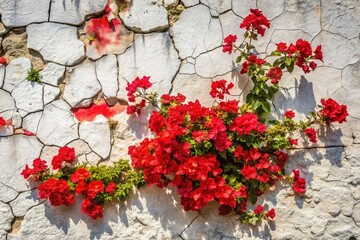 Aerial View of Vibrant Red Flowers Blooming Against a Textured Cracked White Wall, Showcasing Nature's Resilience and Beauty in Urban Settings