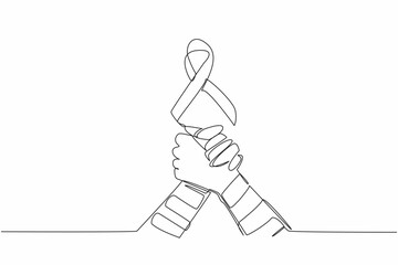 Single one line drawing two bandaged arms clasping each other. Orange ribbon above them. Together, we can make a difference. Self-Injury Awareness Day Continuous line design graphic illustration