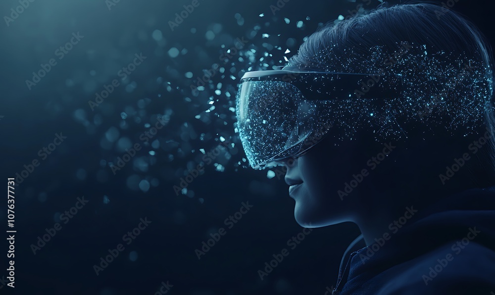 Poster a futuristic view of a person wearing a vr headset, immersed in a digital environment with particles