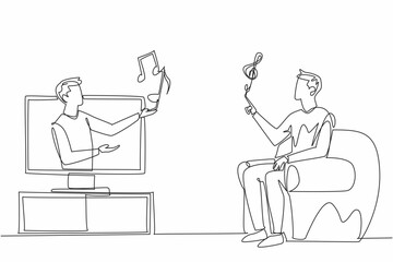 Continuous one line drawing man comes out of tv monitor holding some tone symbols. A symbol of hope and compassion. Encourager. World Music Therapy Day. Single line draw design vector illustration