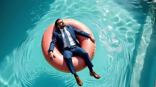 Man in a suit is floating on a blow-up ring in the pool, enjoying a relaxing