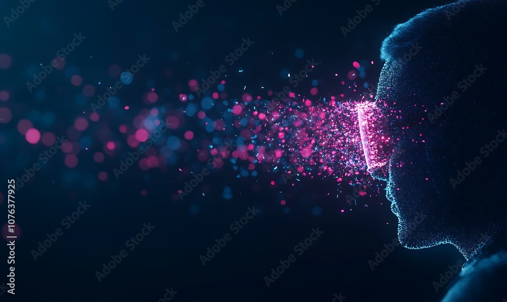 Poster a profile of a person is shown, with vibrant particles dispersing from the head, suggesting themes o
