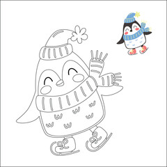 Penguin coloring pages for kids. Trace and color Penguin for kindergarten and preschool. Vector illustration.