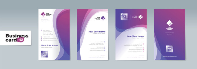 Set of double sided business card templates with abstract transparent wave curves on purple and white background
