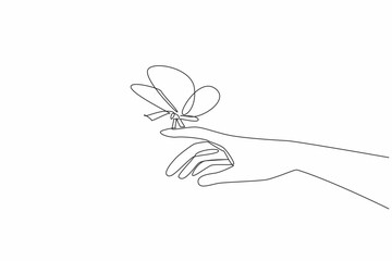 Single continuous line drawing butterfly perched on fingertip. Transformation, renewal, and the promise of a brighter future. Respect. Zero Discrimination Day. One line design vector illustration