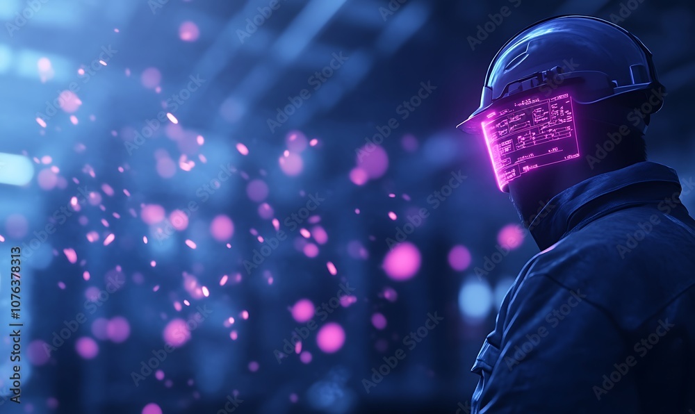 Poster a futuristic figure in a helmet with a glowing pink visor stands amidst a digital, neon-lit environm