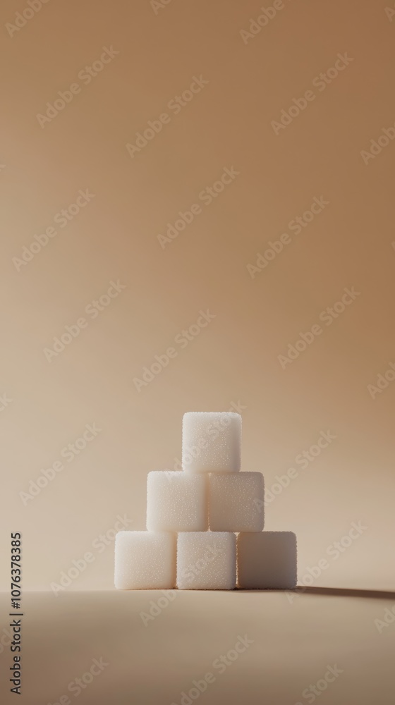 Poster six sugar cubes are forming a small pyramid on a beige surface, representing the concept of sugar re