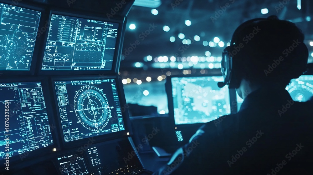 Poster High-tech flight control center operates seamlessly during nighttime operations with advanced monitoring technology