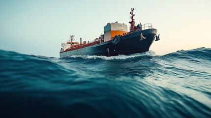 Large cargo ship navigating through rough ocean waters with a clear sky in the background, showcasing maritime transport and sea travel.