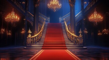 An opulent red carpet leads up to an elegant staircase, flanked by grand chandeliers and ornate columns