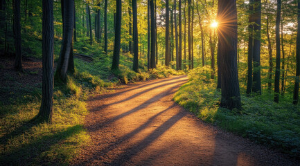 Fototapeta premium A Winding Path in an Enchanted Forest, Sunlight Casting Soft Shadows