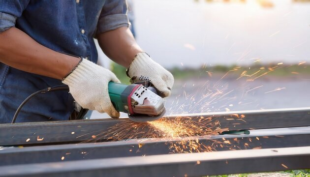 A metalworker uses a grinder, sparks flying, showcasing skill and craftsmanship.