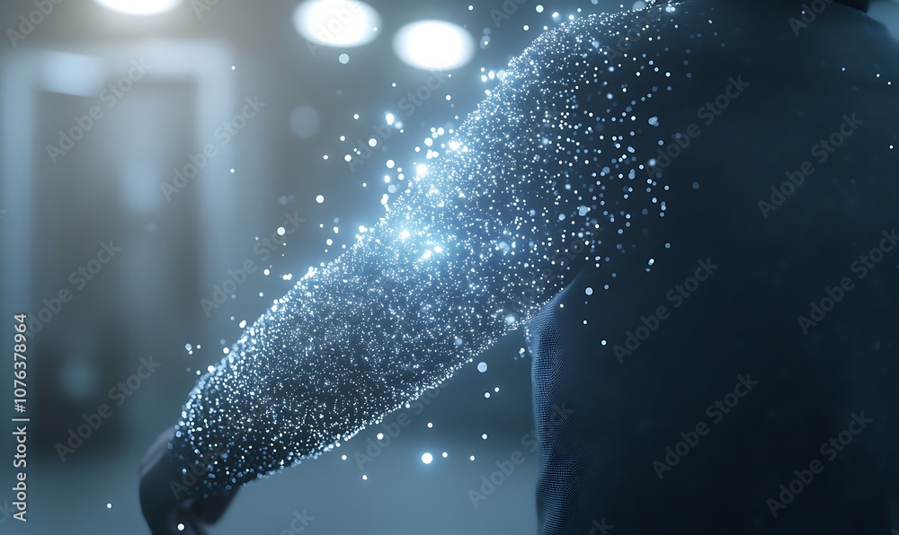 Poster a person’s arm is depicted with a shimmering effect, where sparkling particles seem to disperse into