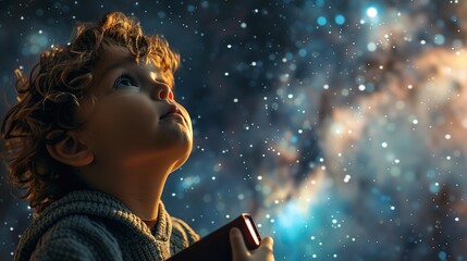 A child gazing up at a starry sky, holding a Bible with a sense of wonder and hope shining in their eyes. Faith, innocence,spirituality, childhood, power of belief
