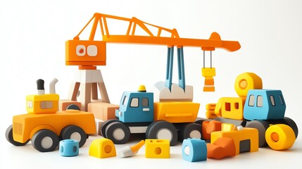 a 2D cartoon illustration of a toy construction set with cranes and bulldozers, creative and fun, white background--ar 16:9