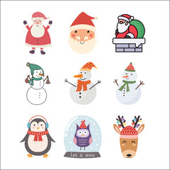 Festive collection of Christmas icons, including classic symbols like snowflakes, ornaments, Christmas trees, and Santa Claus. Perfect for holiday-themed designs.
