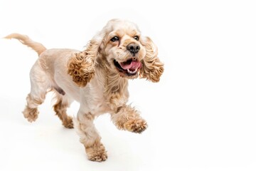 A young English cocker spaniel is happily running with playful enthusiasm, showcasing its adorable features and lively personality against a clean white backdrop.
