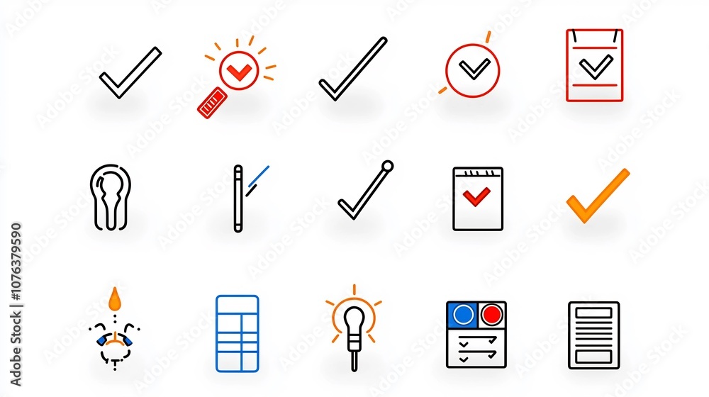 Poster Collection of 15 linear icons focused on decision making featuring symbols for yes or no options radio buttons and checklists simple line style