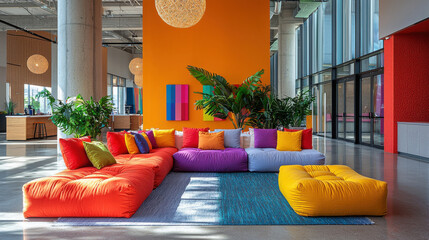 vibrant office lounge with colorful seating and lush plants creates lively atmosphere. Bright orange, purple, and yellow cushions add playful touch to modern space