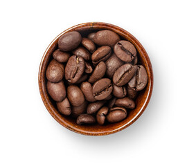 coffee beans in a bowl top view isolated on white