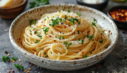 A Bowl of Spaghetti with Parsley, Red Pepper Flakes, and Salt