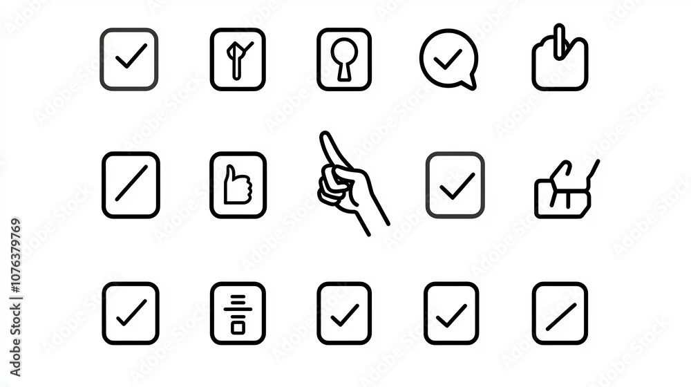 Fototapete Set of 15 minimalist outline icons representing choice selection and highlighted options  Includes symbols for hand pointing option selection and highlighted choices in a clean abstract design