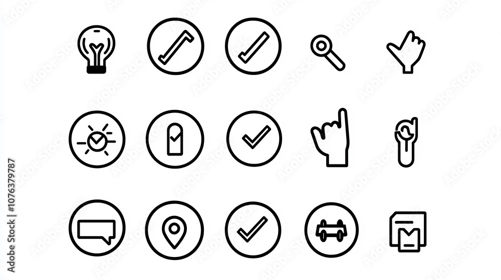 Poster Comprehensive set of 15 elegant outline icons representing various choice selection and decision making concepts for modern user interface and experience design  These simple