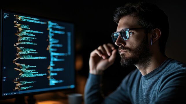 A focused programmer analyzes code on a dimly lit screen, showcasing dedication to software development and programming skills.