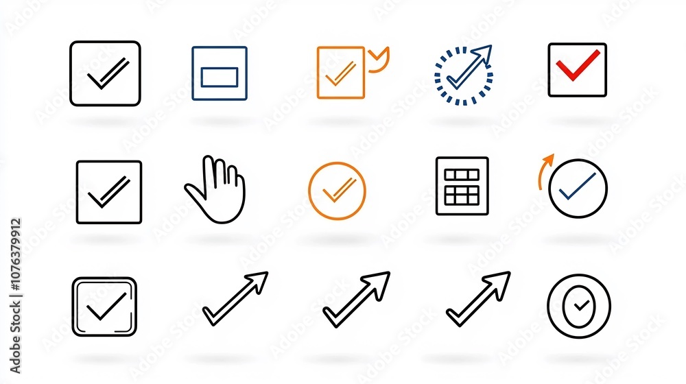 Leinwandbilder Collection of 15 clean icons symbolizing various selection and decision making elements such as checkboxes hand gestures and decision arrows for user interface and interactive design