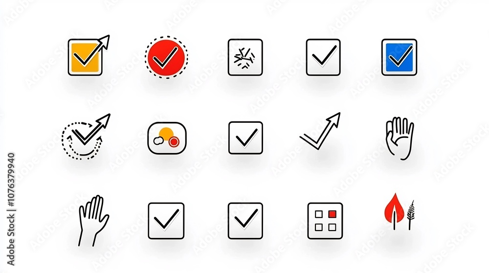 Poster Collection of 15 minimalist linear icons representing selection choice and decision making processes  Includes symbols for checkboxes hand gestures and directional arrows in a clean modern