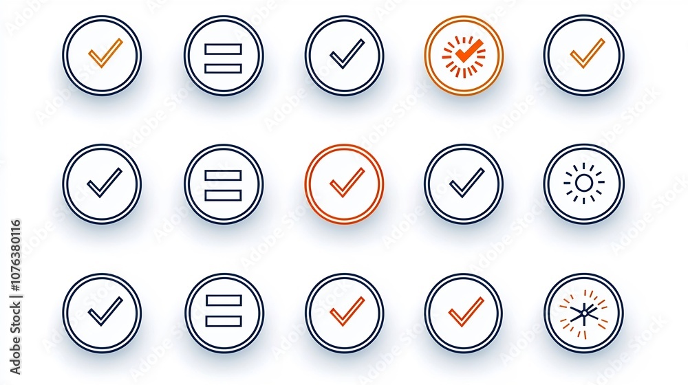 Poster Set of 15 minimal thin line icons for choice options featuring highlighted circles tick marks and option lists suitable for web interfaces infographics and user interface design elements
