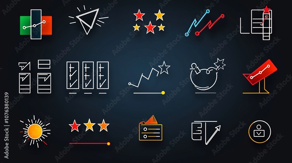 Leinwandbilder Outline icon set of 15 symbols depicting various preferences and choice related elements such as star ratings selection bars and priority marks  Designed in a clean