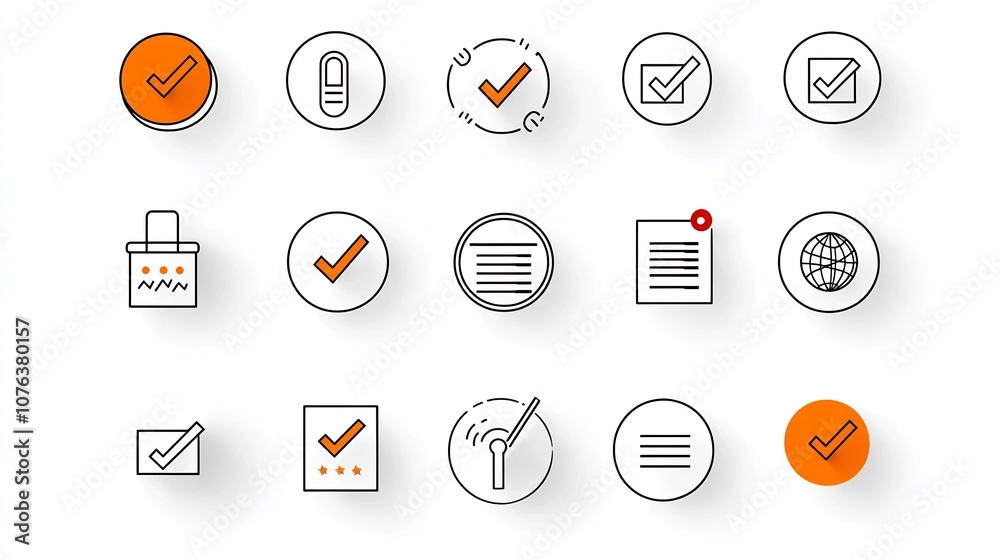 Poster A set of 15 modern and minimalist thin line icons depicting various choice options decision making elements and selection tools such as highlighted circles tick marks and option lists