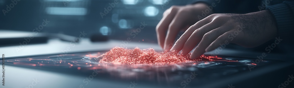 Aufkleber A close-up of hands interacting with a glowing, dynamic surface, suggesting advanced technology and data manipulation in a futuristic setting.