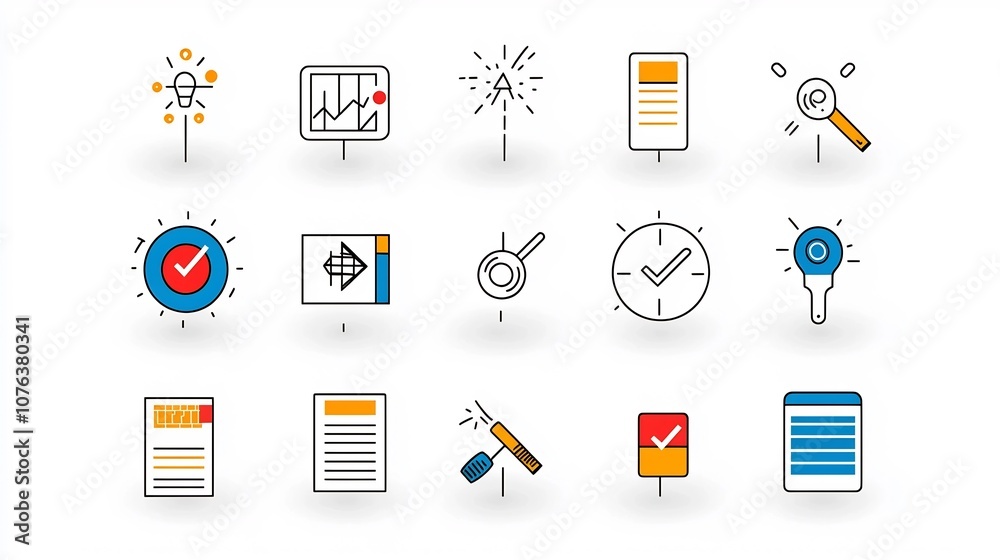 Poster Set of 15 linear icons illustrating various choice and selection options including symbols for target selections approval marks and choice menus in a simple vector style