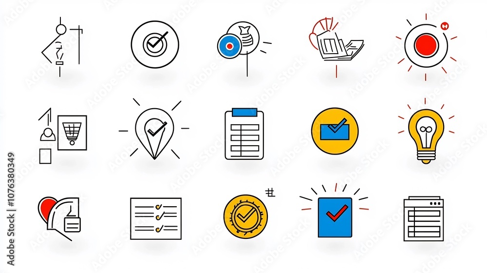 Poster Minimalist set of 15 simple linear icons illustrating different choice selection and approval options commonly used in digital user interfaces and software applications including target symbols